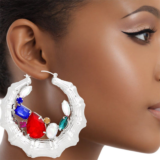 Hoops Silver Bamboo Radiant Crystal Earrings