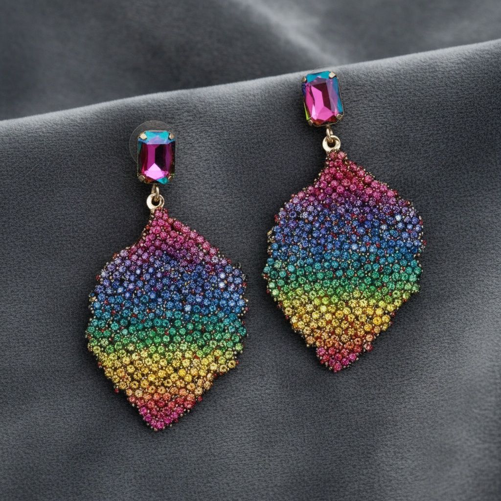 Drop Rainbow Rhinestone Encrusted Leaf Earrings