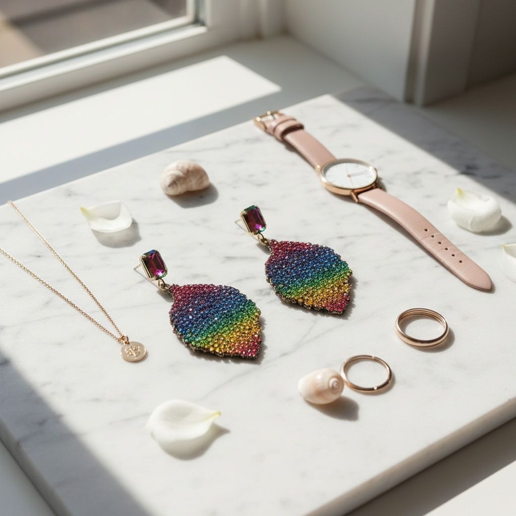 Drop Rainbow Rhinestone Encrusted Leaf Earrings