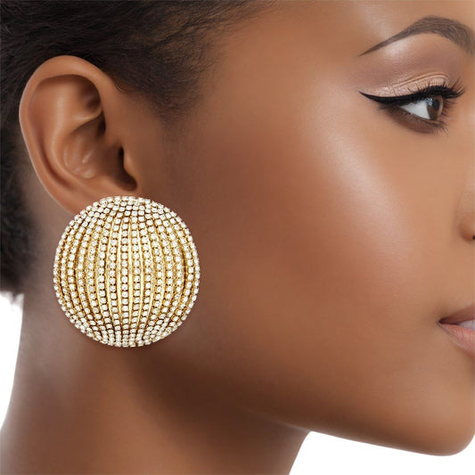Stud Domed Gold Striped Shimmer Polished Earrings