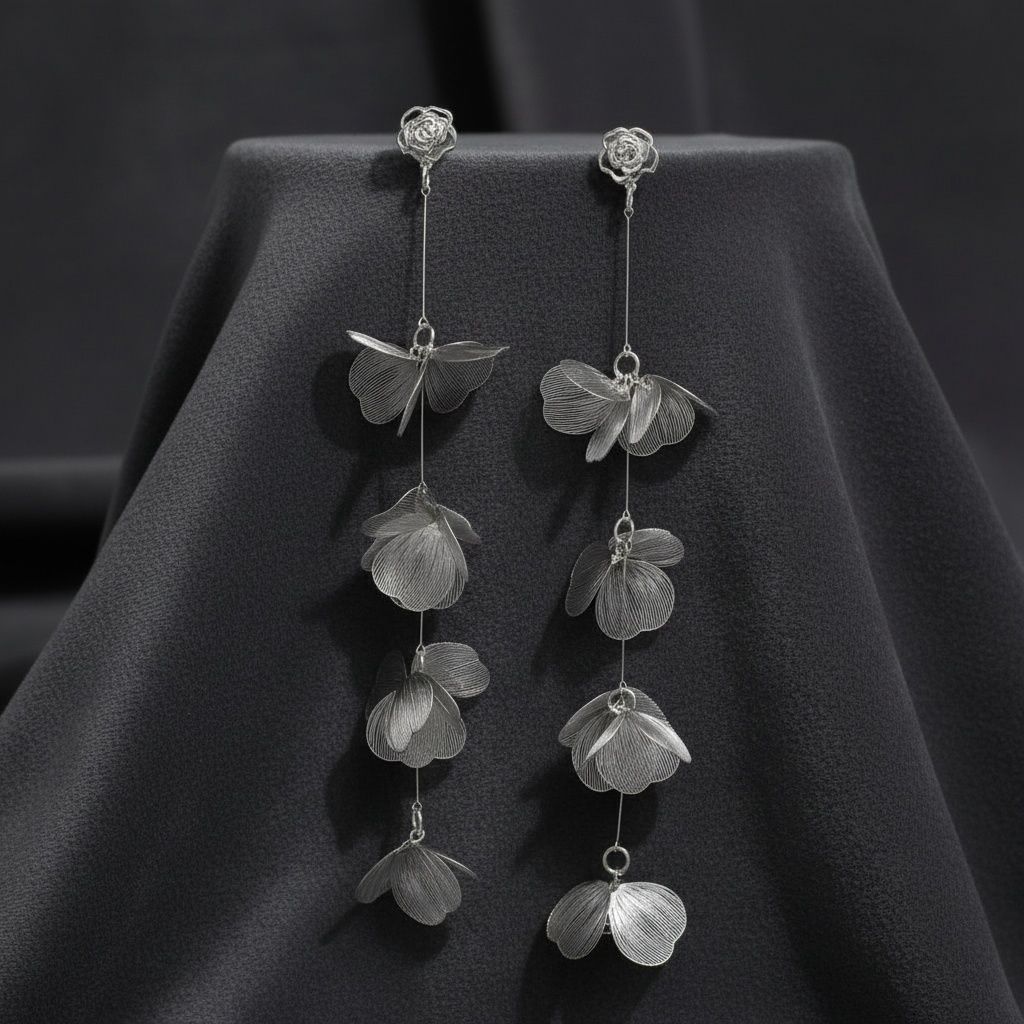 Long Dangle Silver Die Cut Metal Flower Earrings