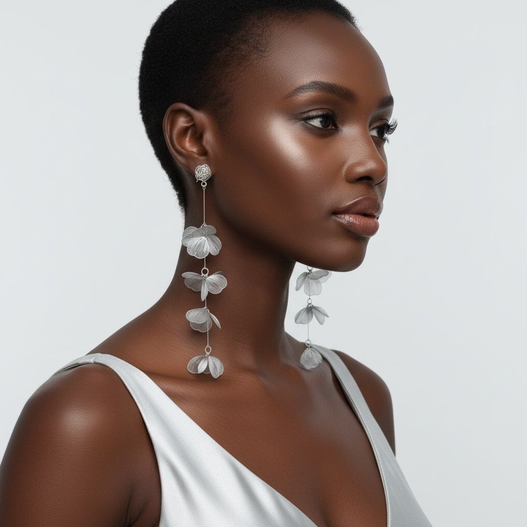 Long Dangle Silver Die Cut Metal Flower Earrings