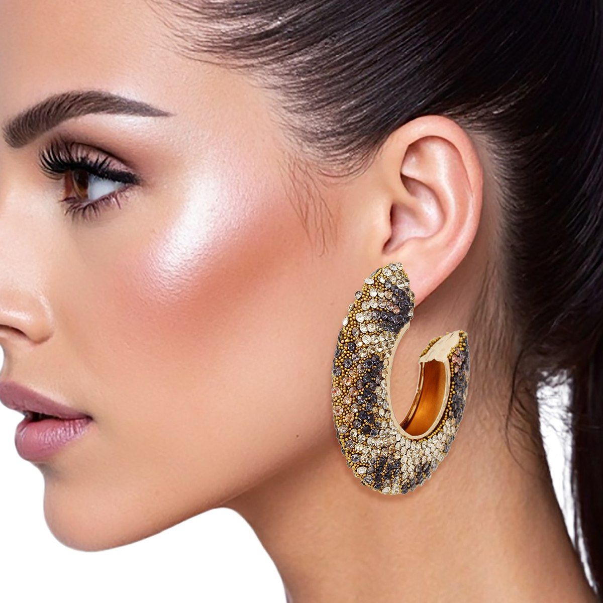 Hoop Leopard Pave Rhinestone Embellished Earrings