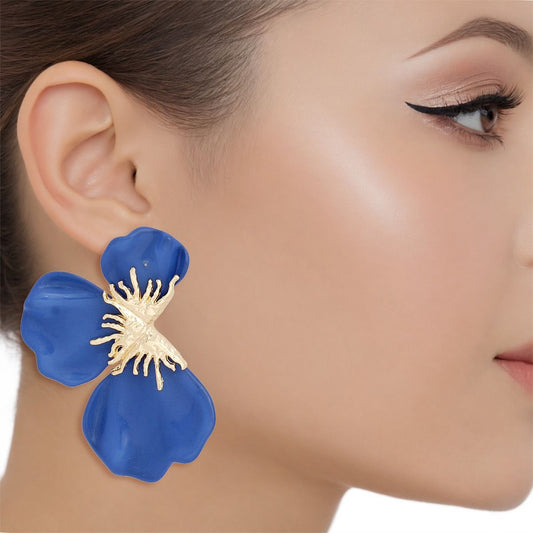 Studs Blue Tropical Bloom Triple Petal Earrings