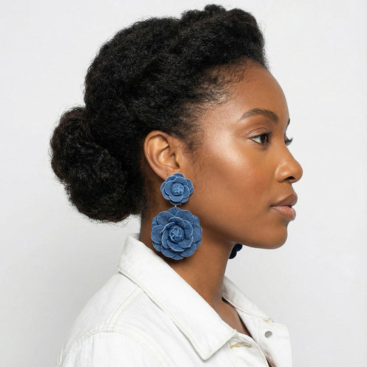 Drop Street Chic Denim Double Flower Earrings