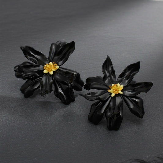 Stud Black Flower Oversized Wavy Petal Earrings