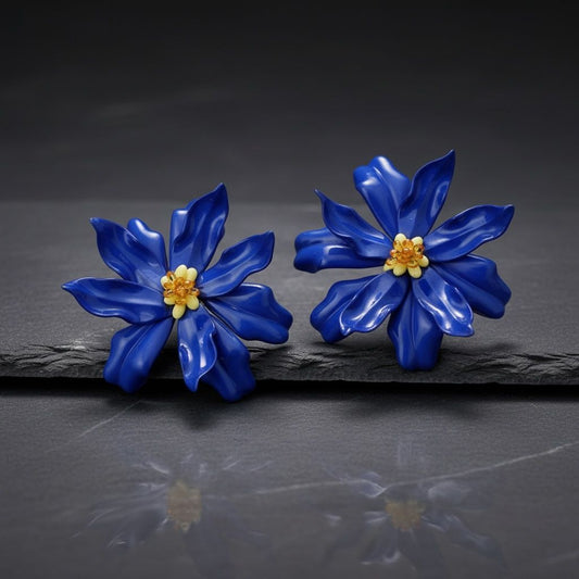 Stud Blue Flower Oversized Wavy Petal Earrings
