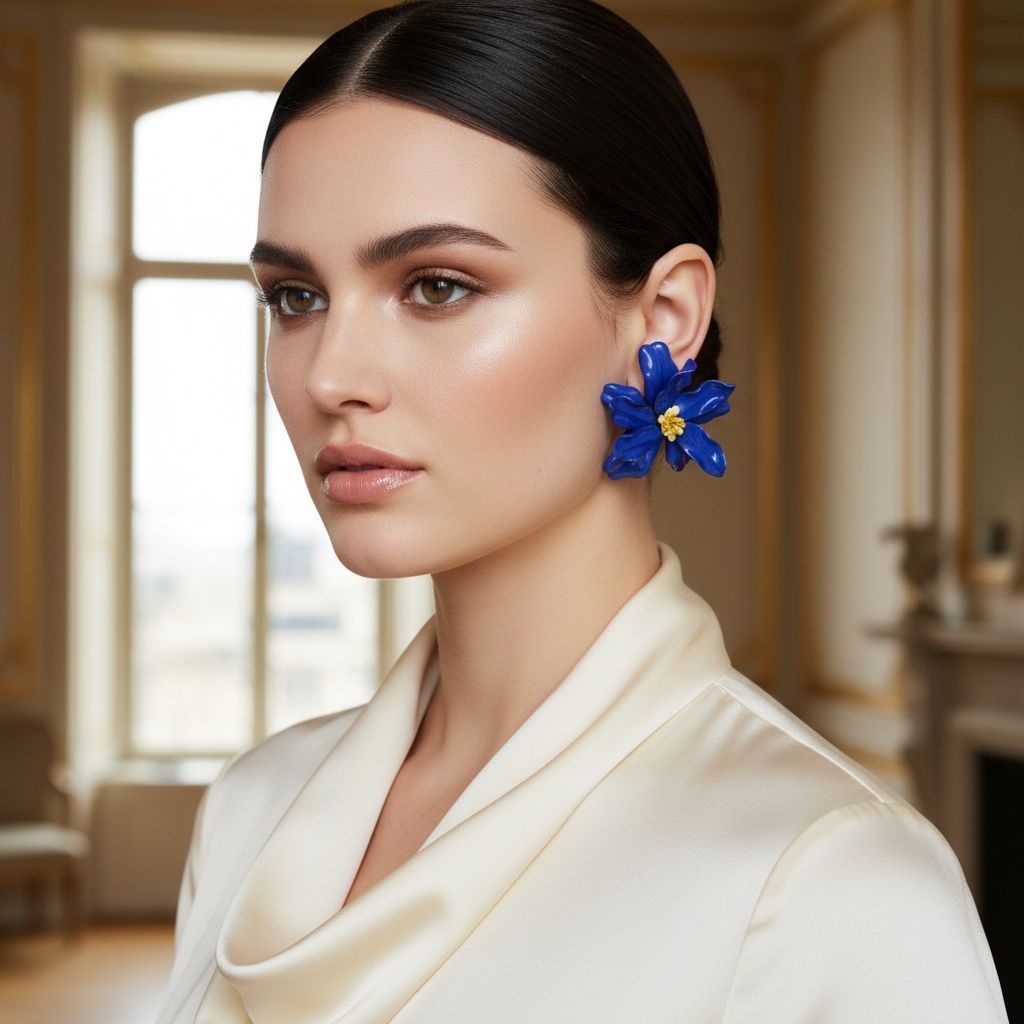 Stud Blue Flower Oversized Wavy Petal Earrings