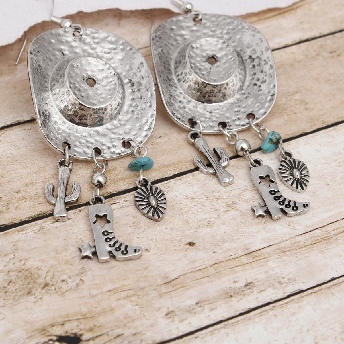 Fish Hook Silver Cowgirl Hat Western Earrings