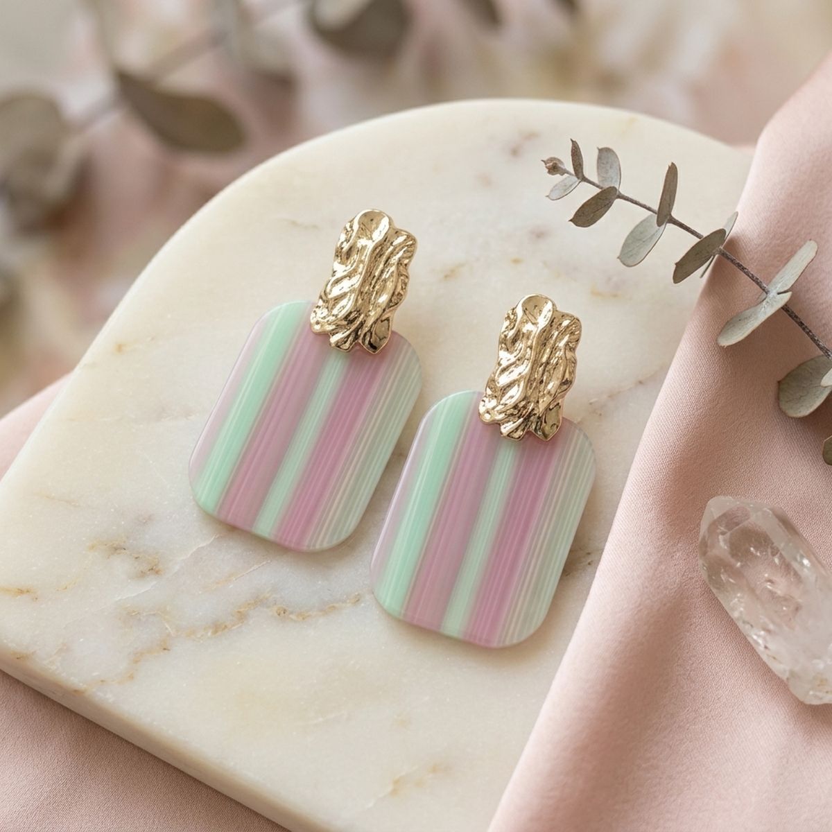 Drop Oversized Pink Green Stripe Opulent Earrings