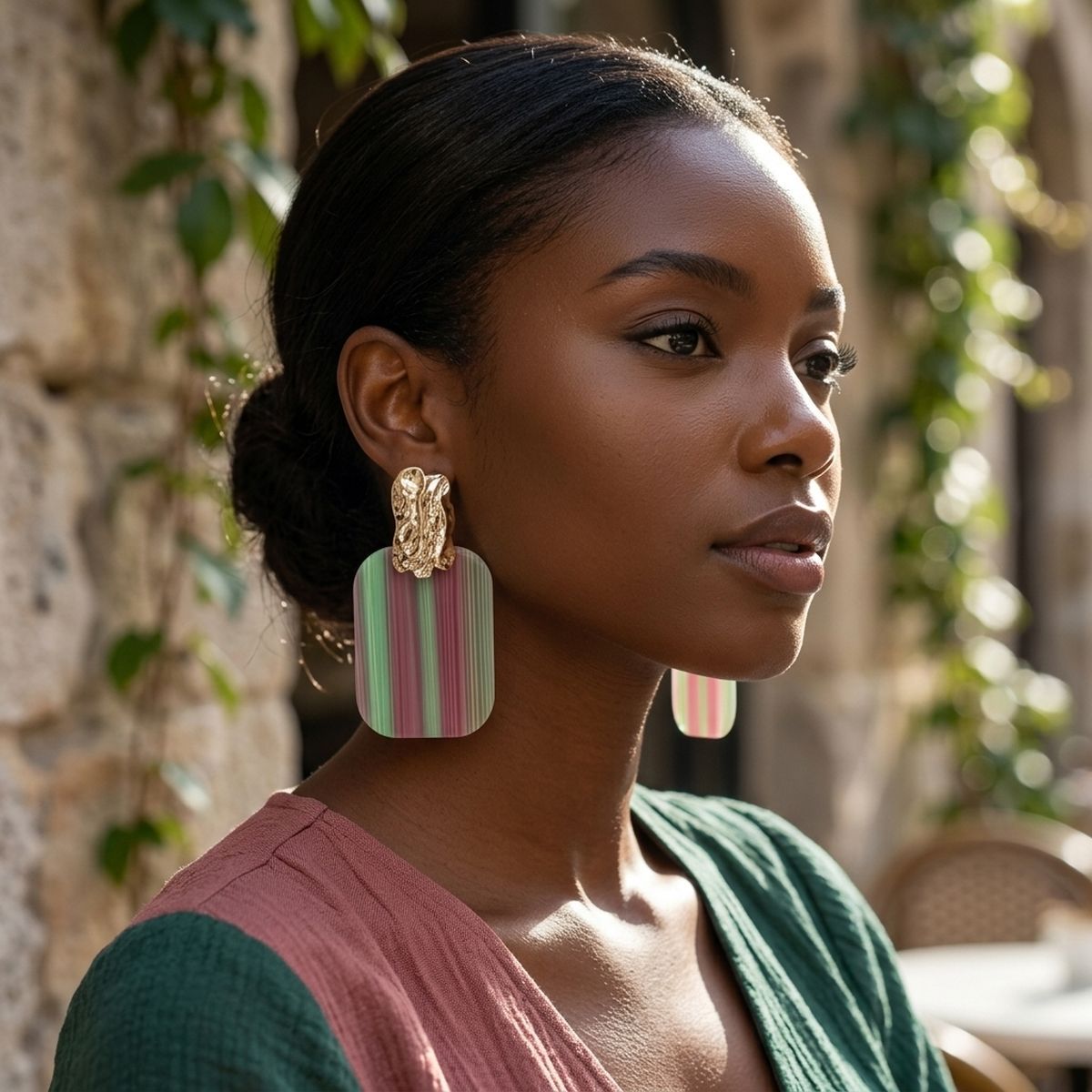 Drop Oversized Pink Green Stripe Opulent Earrings