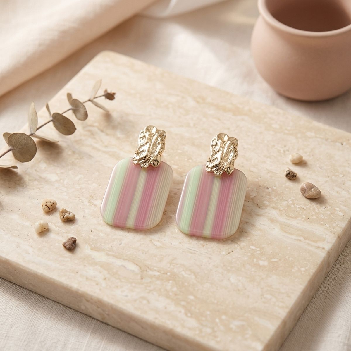 Drop Oversized Pink Green Stripe Opulent Earrings