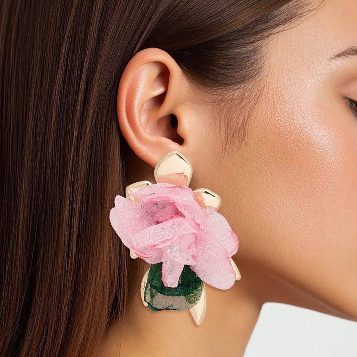 AKA Stud Gold Pink Green Fabric Flower Earrings