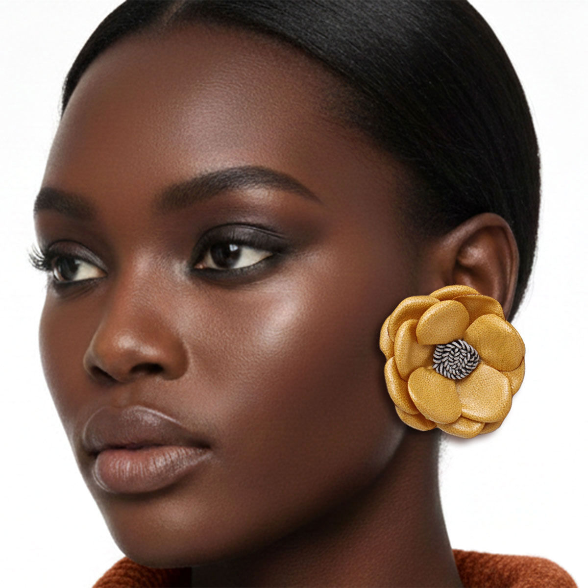 Stud Mustard Faux Leather Petal Flower Earrings