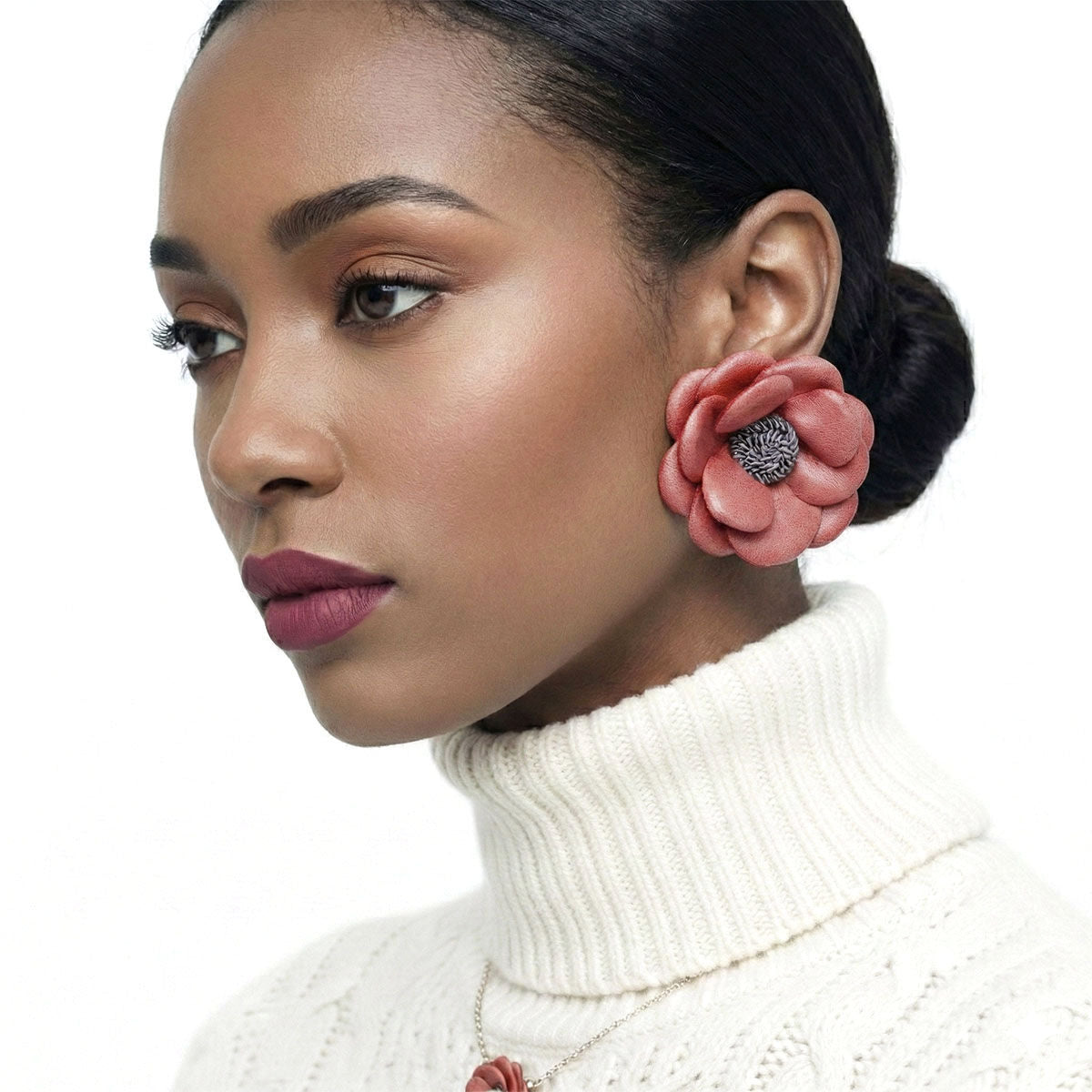 Stud Mauve Faux Leather Petal Flower Earrings