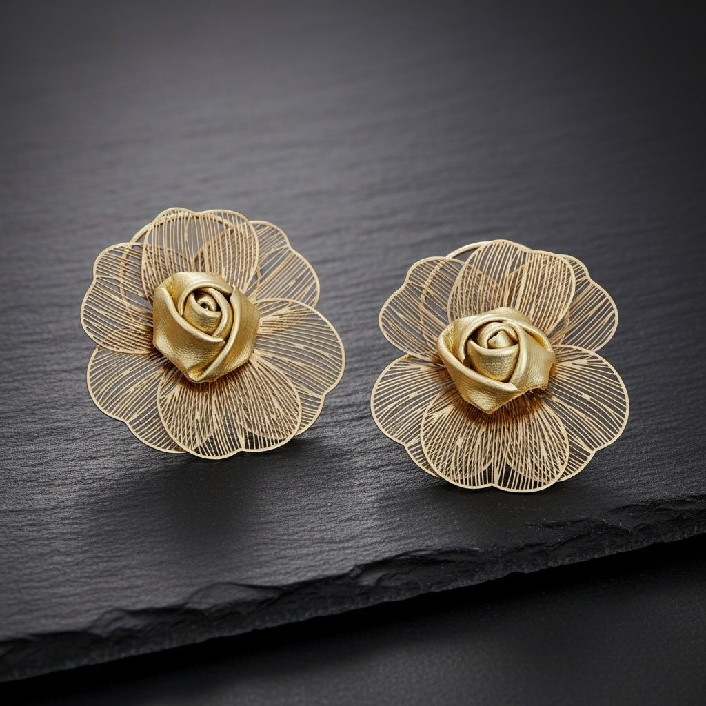 Stud Die Cut Gold and Leather Rose Ring Earrings
