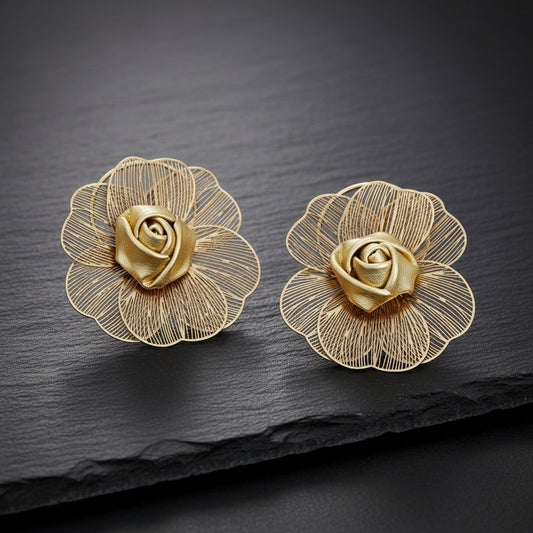 Stud Die Cut Gold and Leather Rose Ring Earrings