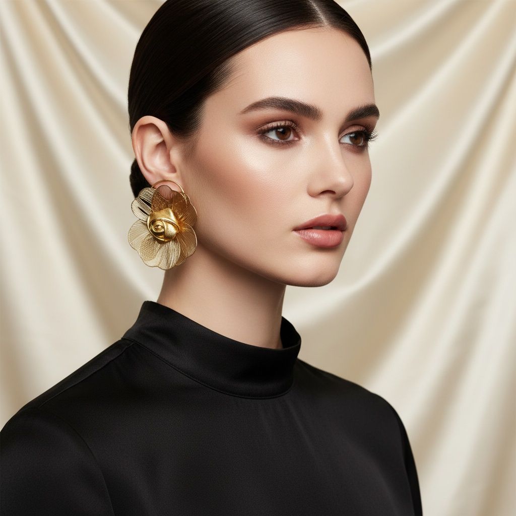 Stud Die Cut Gold and Leather Rose Ring Earrings