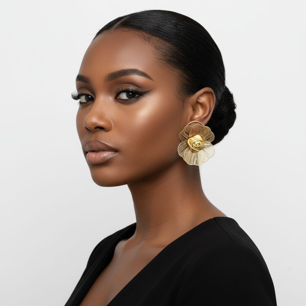 Stud Die Cut Gold and Leather Rose Ring Earrings