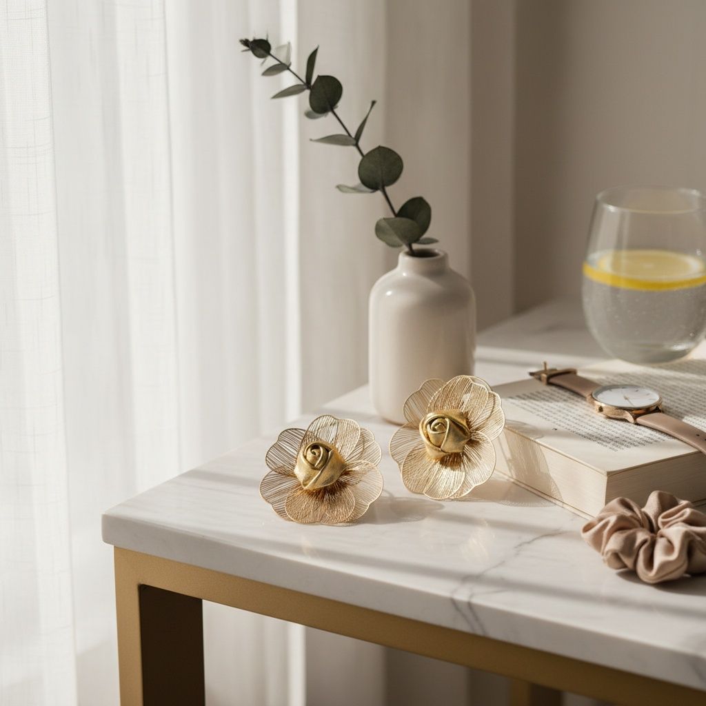 Stud Die Cut Gold and Leather Rose Ring Earrings