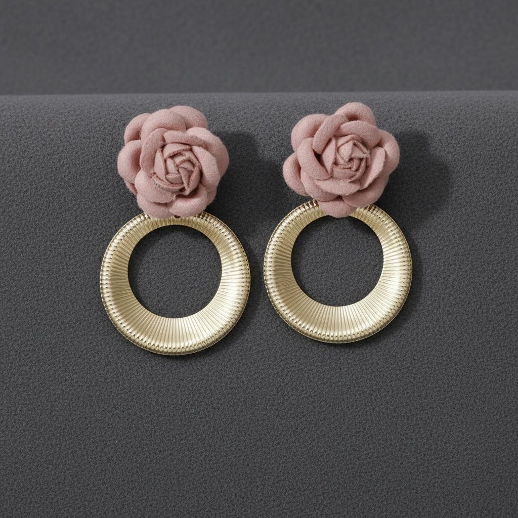 Drop Pale Pink Rose Felt Petal Ribbed Ring Earrings