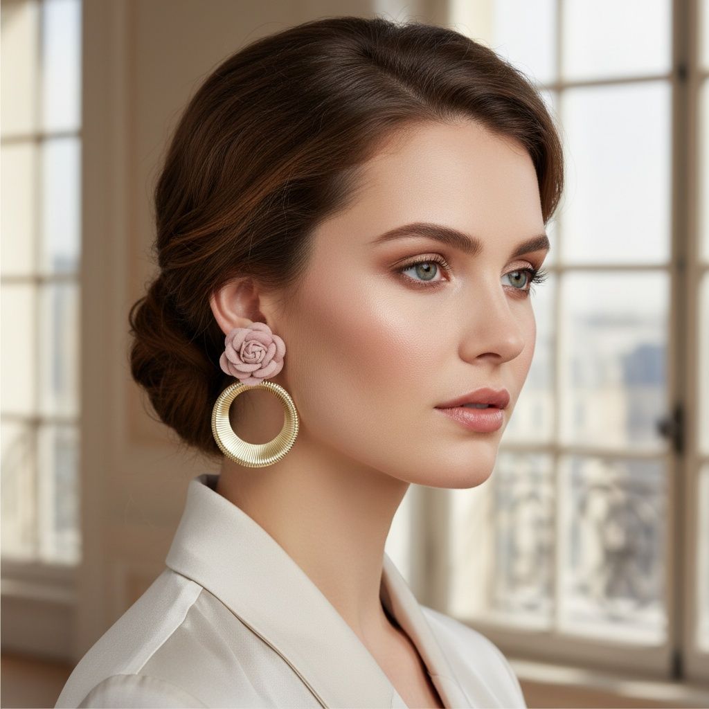 Drop Pale Pink Rose Felt Petal Ribbed Ring Earrings