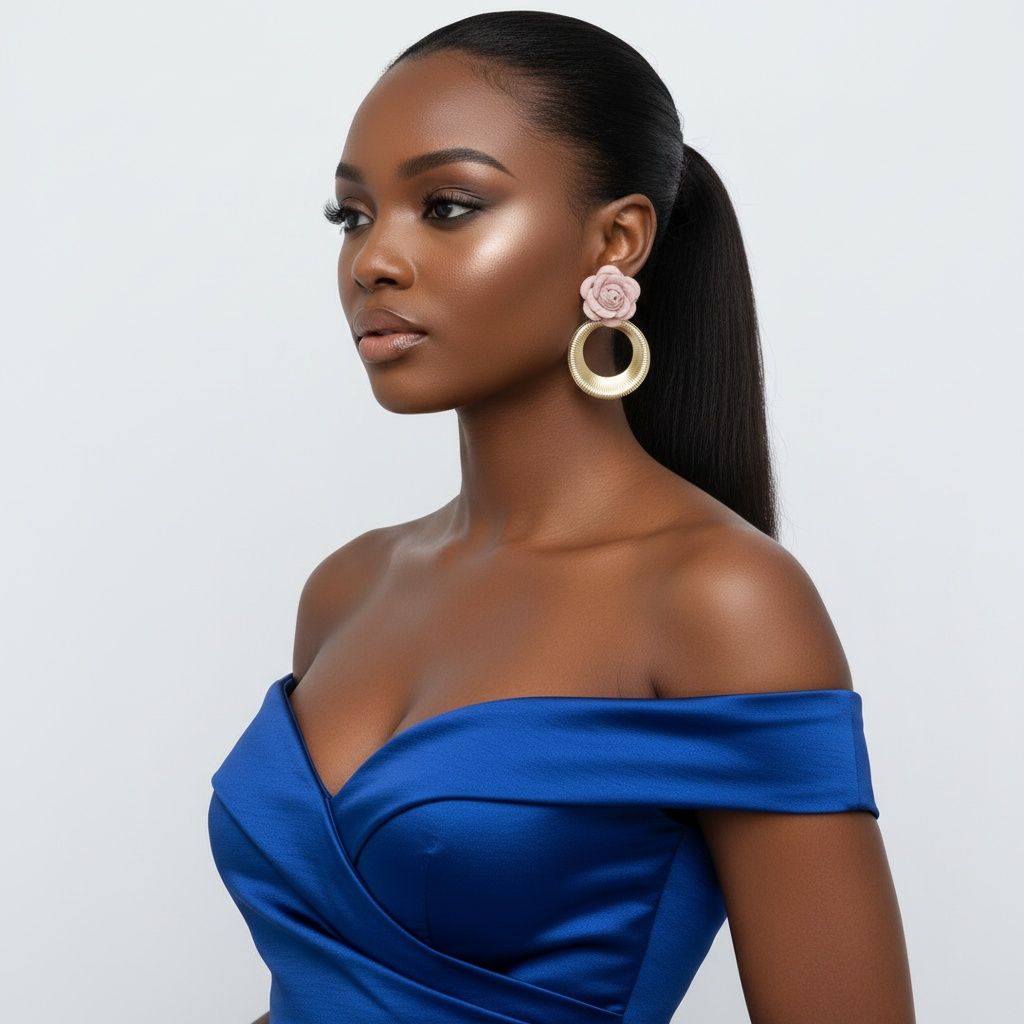 Drop Pale Pink Rose Felt Petal Ribbed Ring Earrings