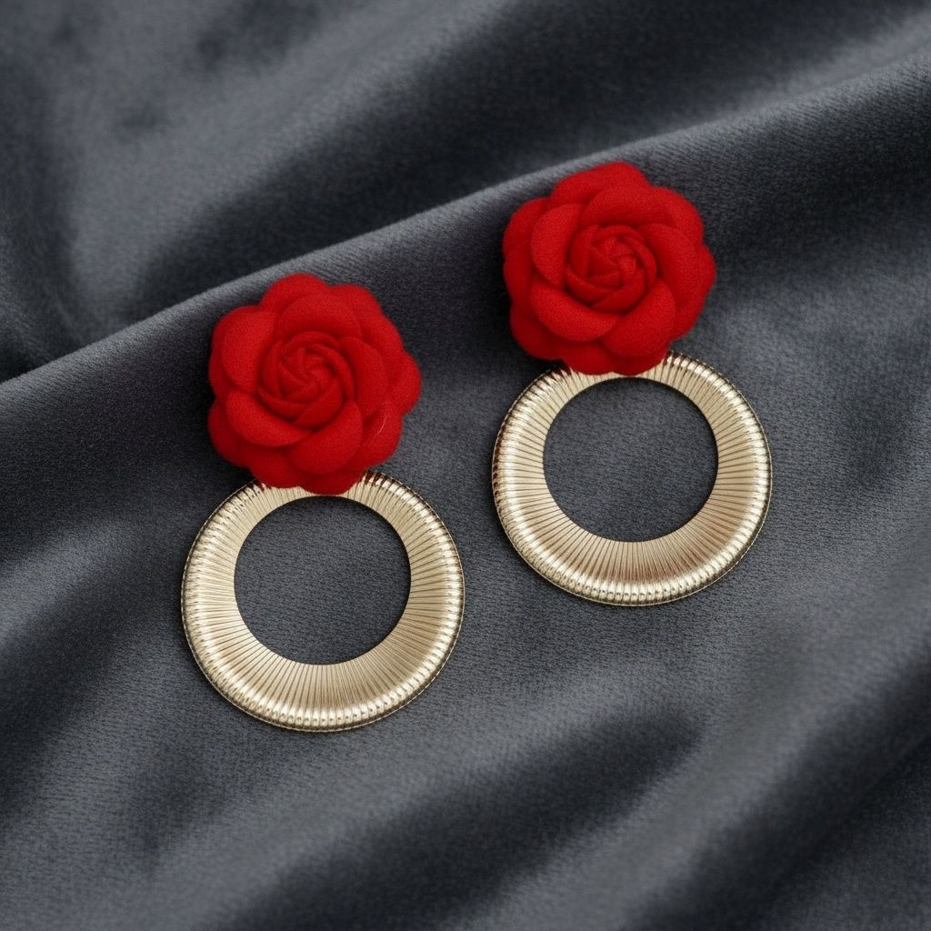 Drop Red Rose Felt Petal and Ribbed Ring Earrings