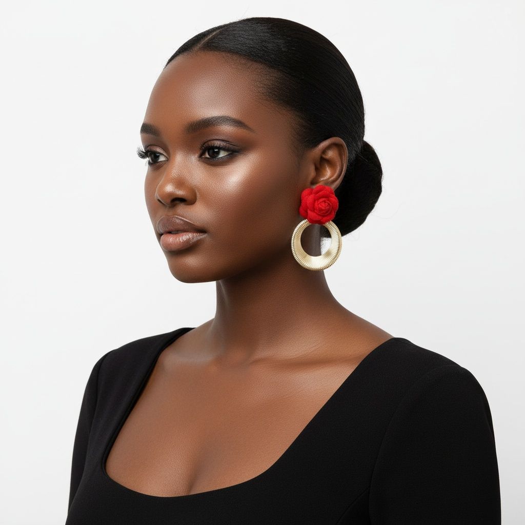 Drop Red Rose Felt Petal and Ribbed Ring Earrings