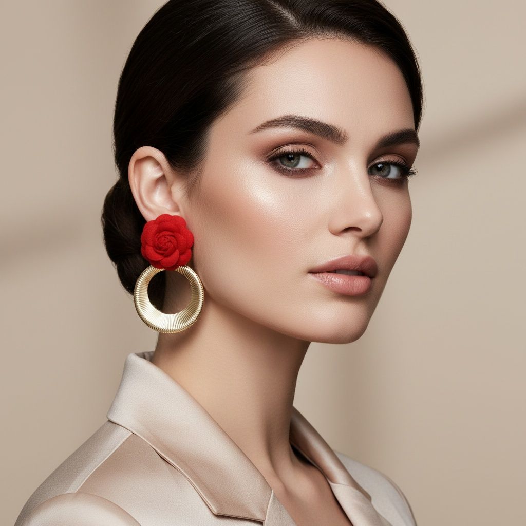 Drop Red Rose Felt Petal and Ribbed Ring Earrings