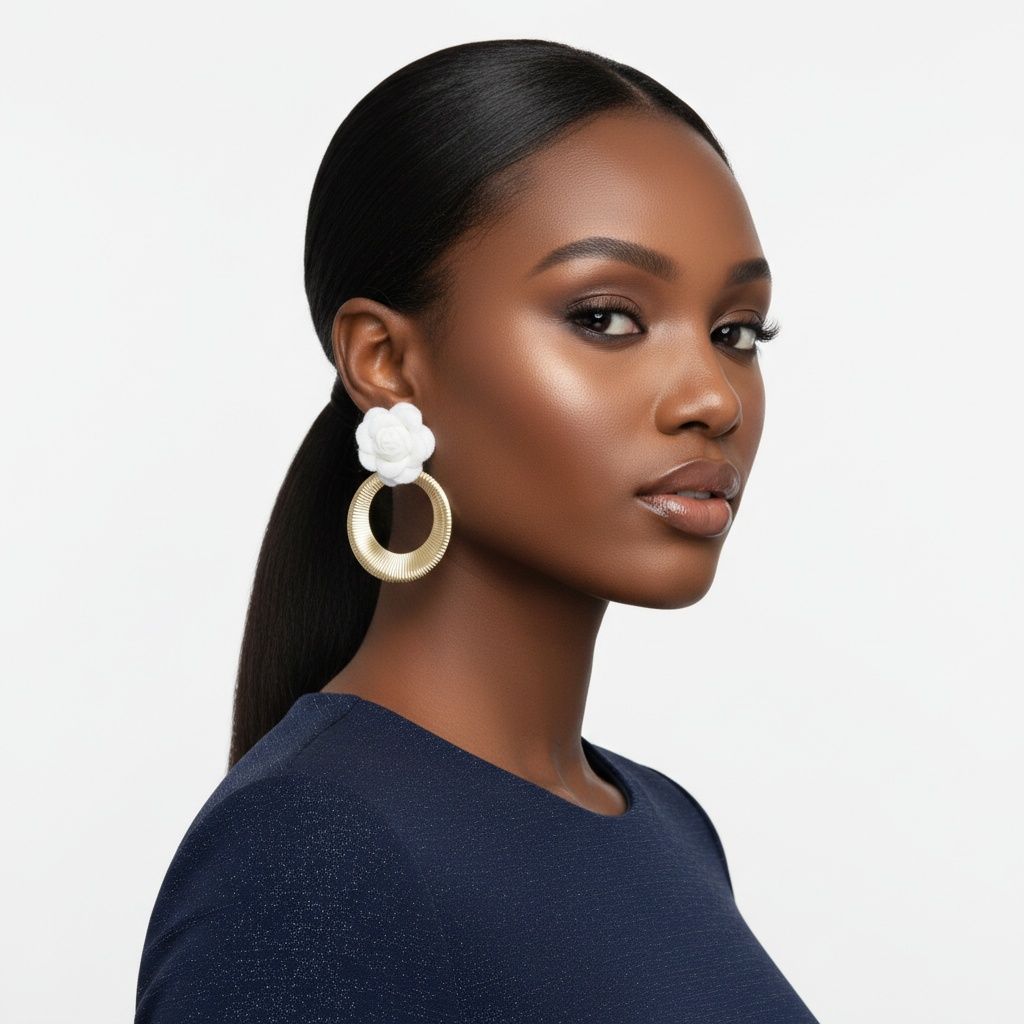 Drop White Rose Felt Petal Ribbed Ring Earrings