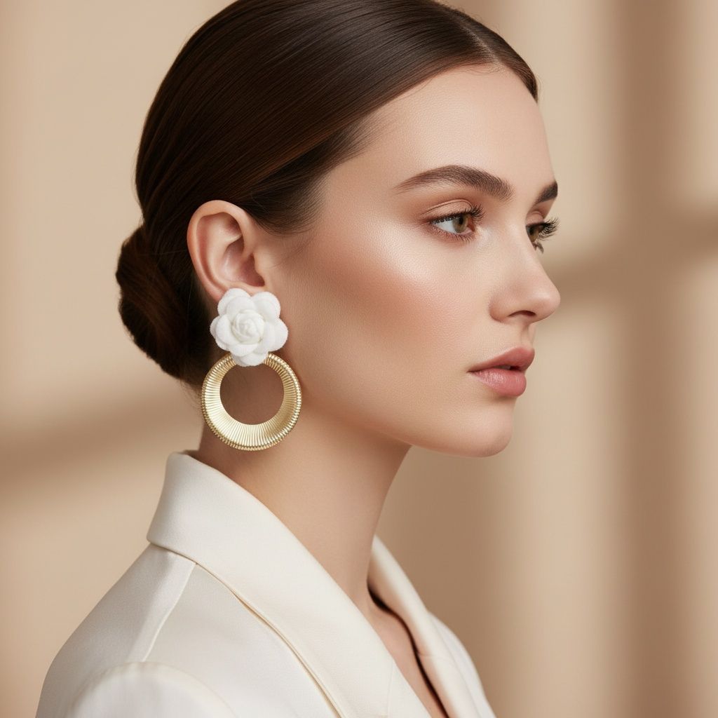 Drop White Rose Felt Petal Ribbed Ring Earrings