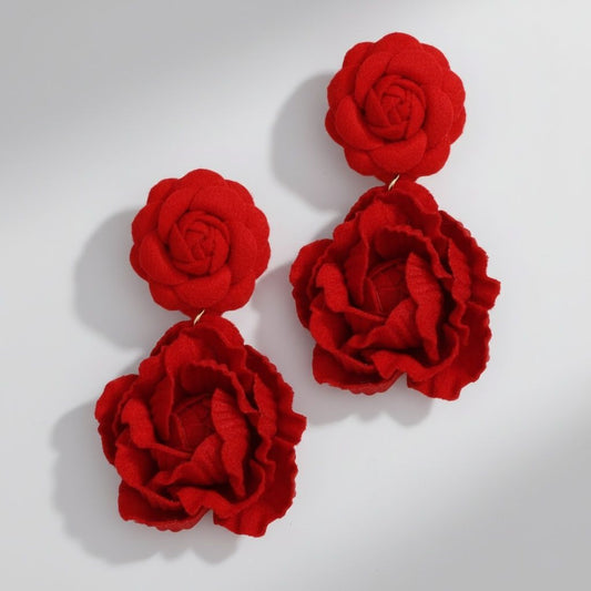 Drop Red Double Rose Flower Felt Petal Earrings