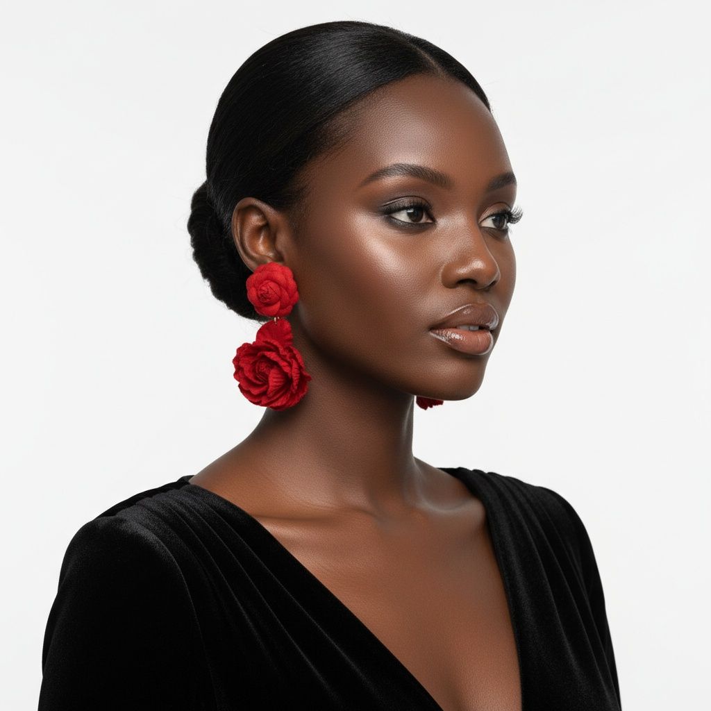 Drop Red Double Rose Flower Felt Petal Earrings