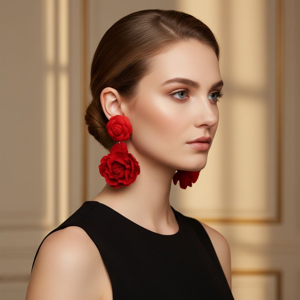 Drop Red Double Rose Flower Felt Petal Earrings