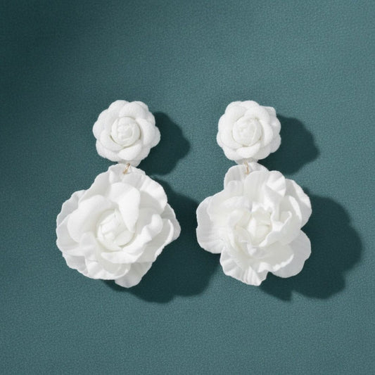 Drop White Double Rose Flower Felt Petal Earrings