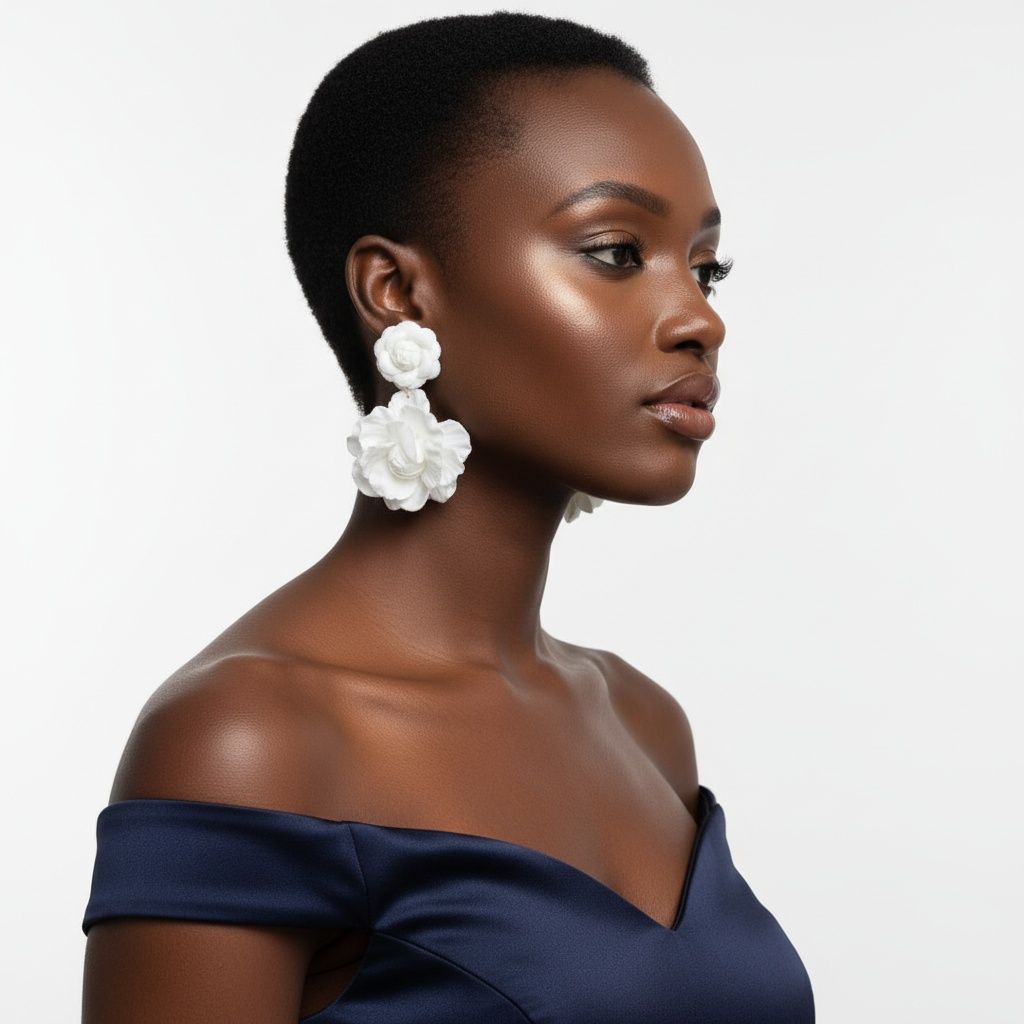 Drop White Double Rose Flower Felt Petal Earrings