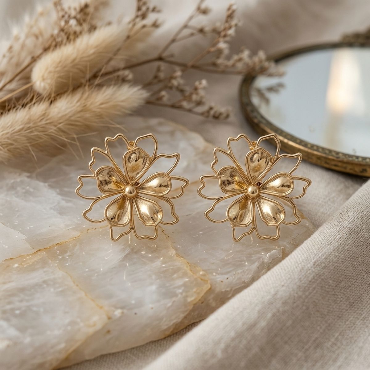 Stud Gold Flower Petal and Flower Outline Earrings