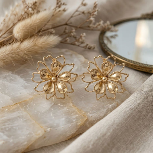 Stud Gold Flower Petal and Flower Outline Earrings