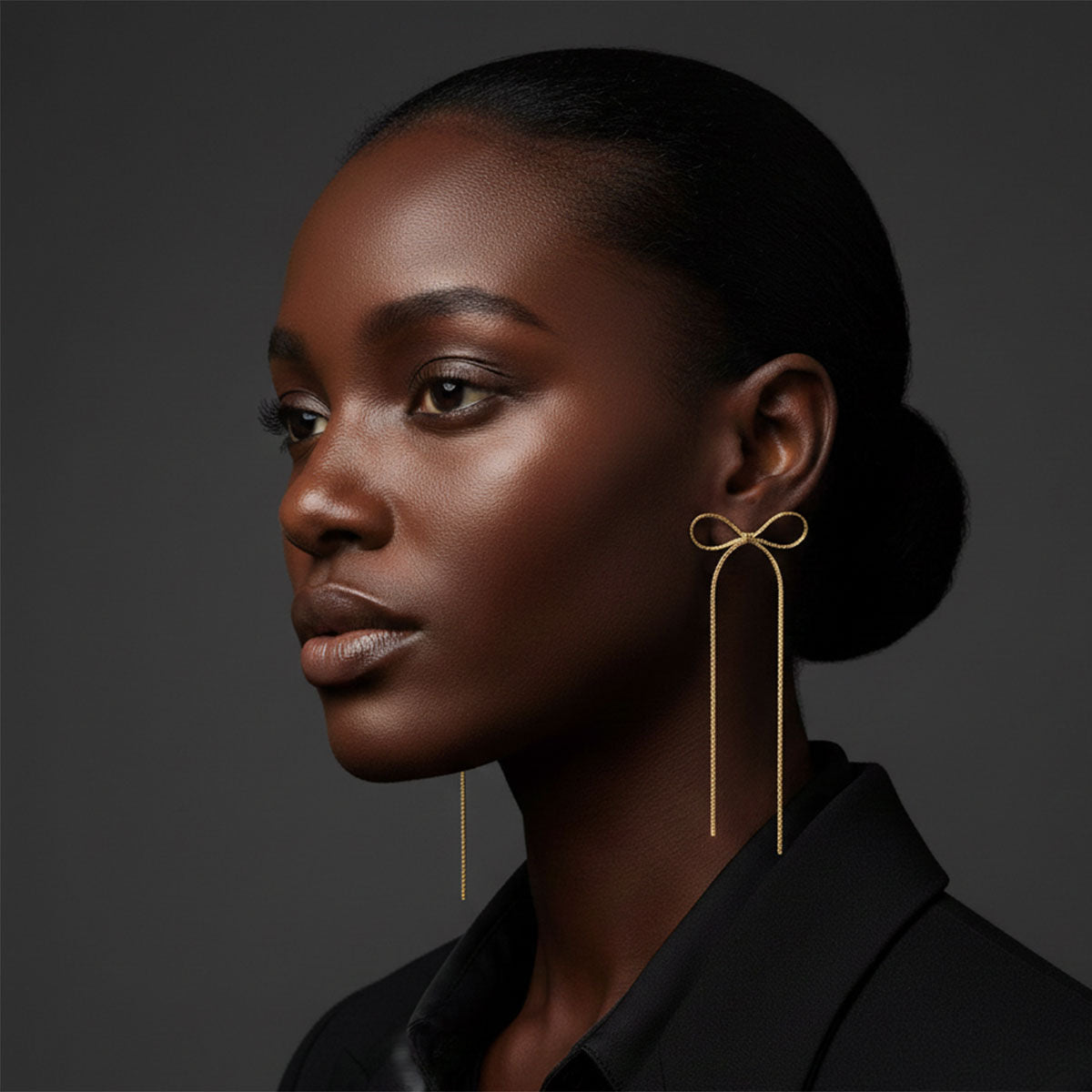 Dangle Gold Chain Ribbon Bow Long Earrings