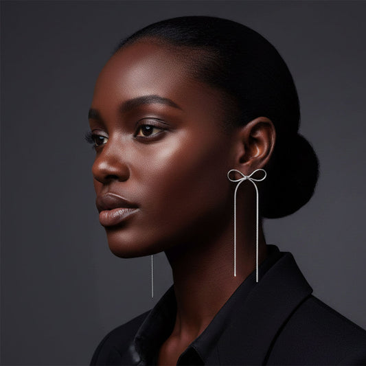 Dangle Silver Chain Ribbon Bow Long Earrings