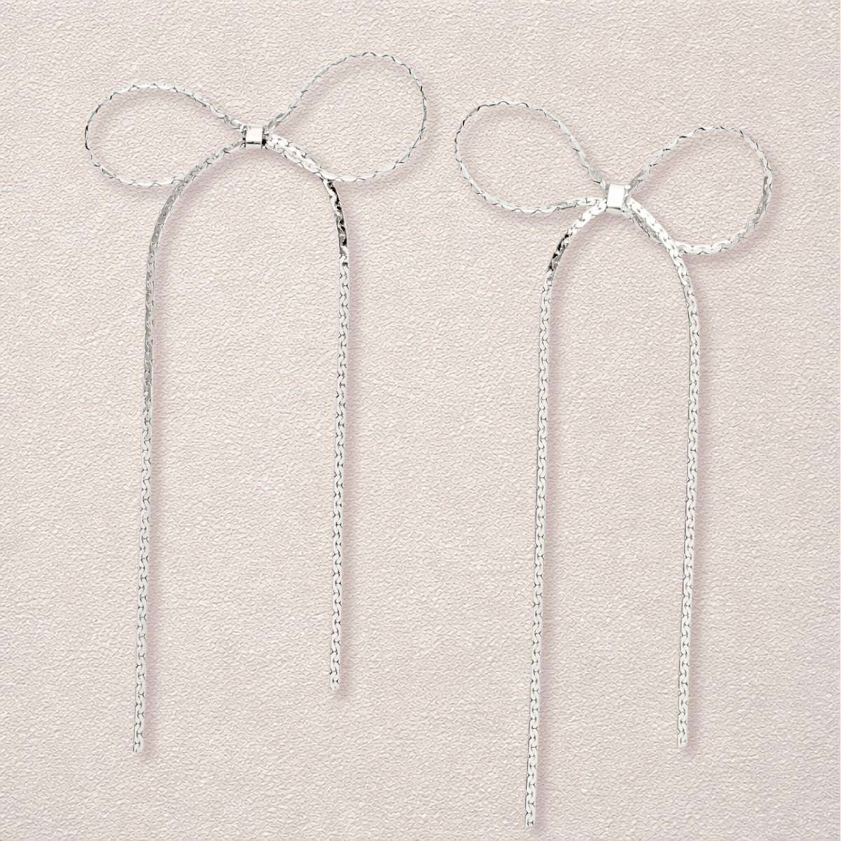 Dangle Silver Chain Ribbon Bow Long Earrings