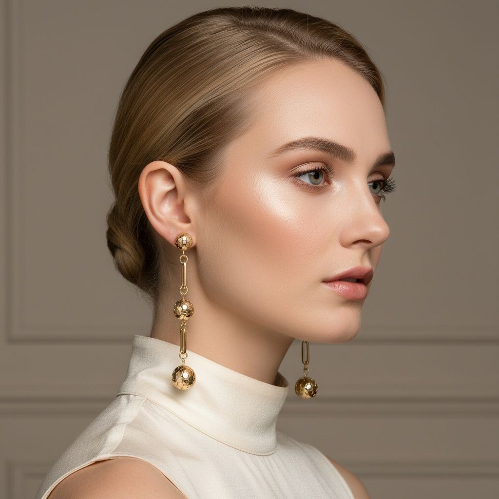 Dangle Gold Linked Mesh Ball Long Drop Earrings