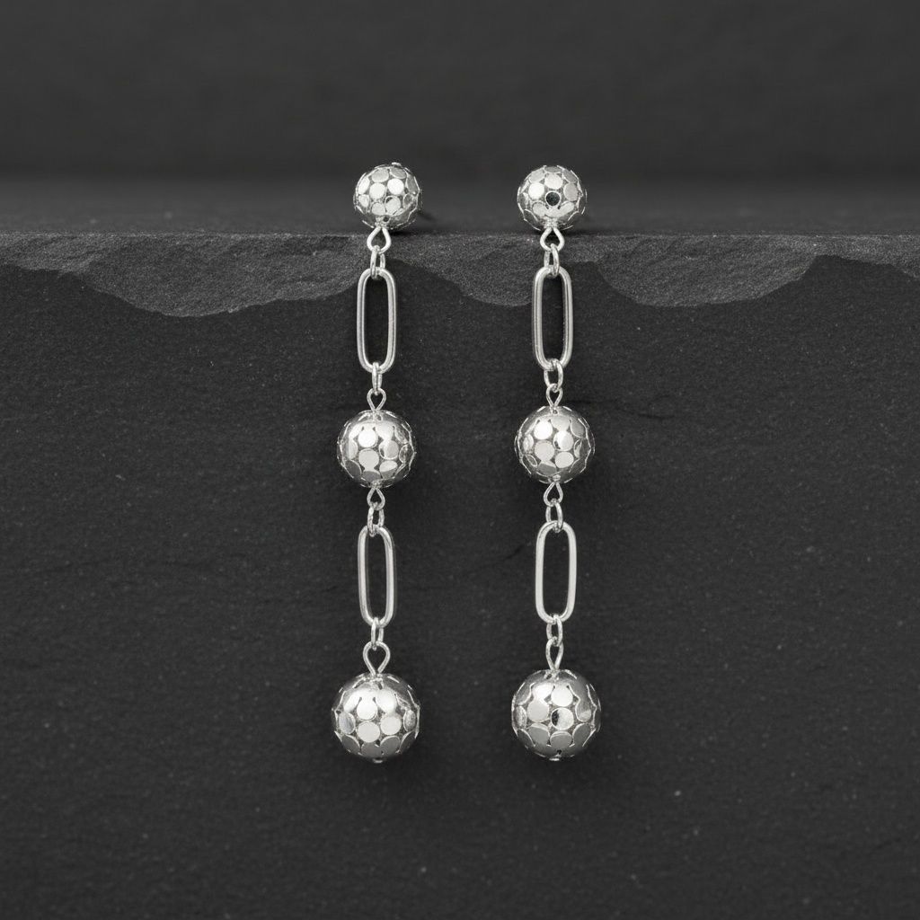 Dangle Silver Linked Mesh Ball Long Drop Earrings