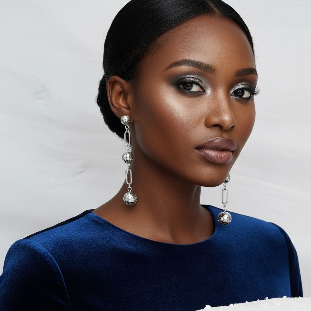 Dangle Silver Linked Mesh Ball Long Drop Earrings