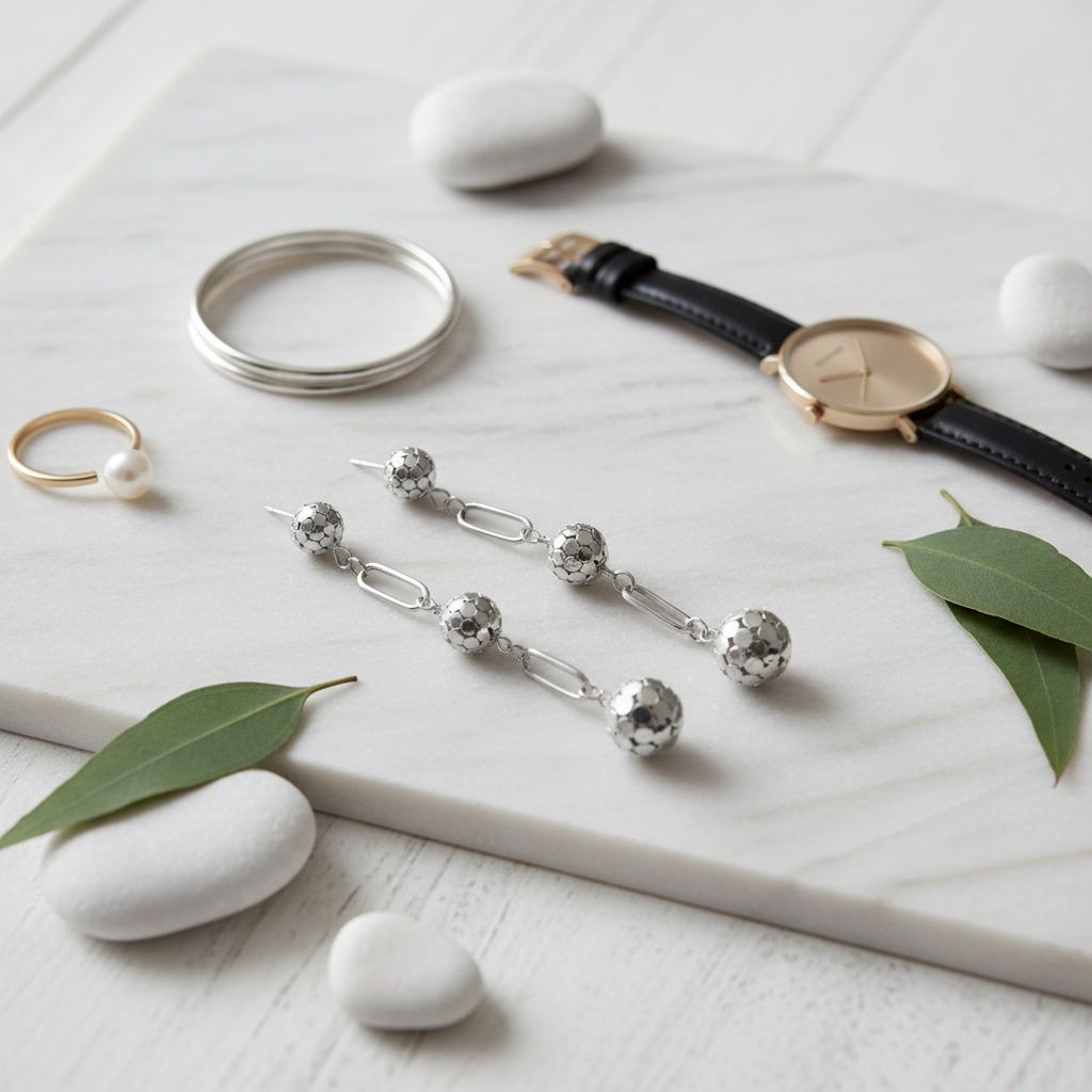 Dangle Silver Linked Mesh Ball Long Drop Earrings