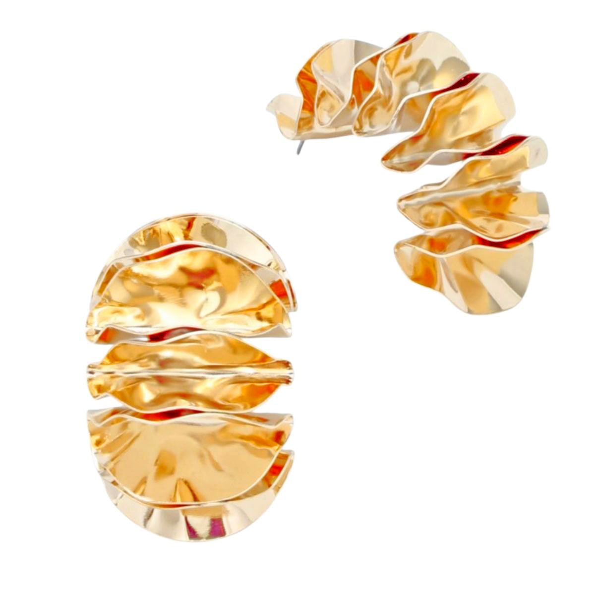 Stud Molded and Folded Gold Metal Fanned Earrings