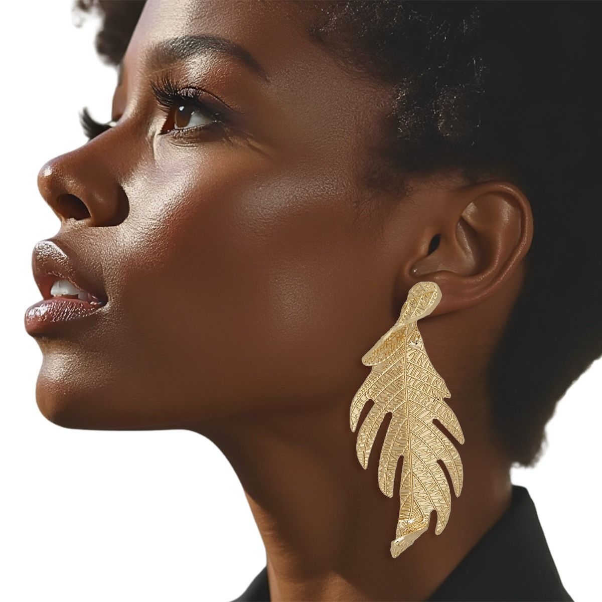 Stud Elongated Gold Twisted Leaf Organic Earrings
