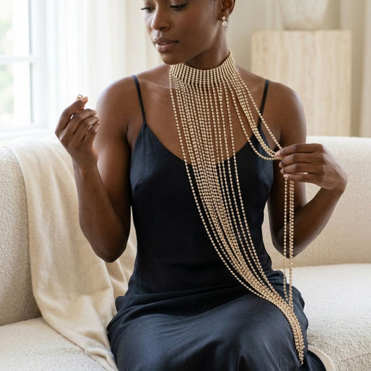 Long Gold Fringe Choker Necklace with Rhinestones