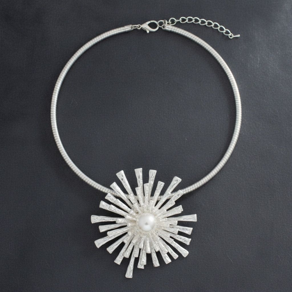 Pendant Matte Silver Metal Sunburst Flower Necklace